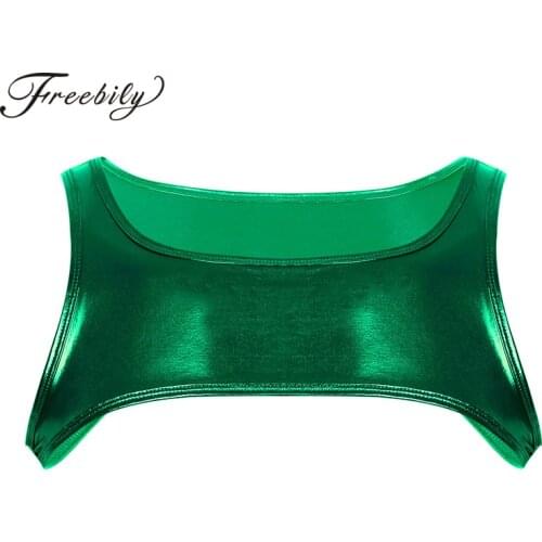 Mens Shiny Metallic Sleeveless Shoulder Chest Strap Harness Muscle Crop Tank Tops Sexy Clubwear Costume Crop Vest Half Tank Top