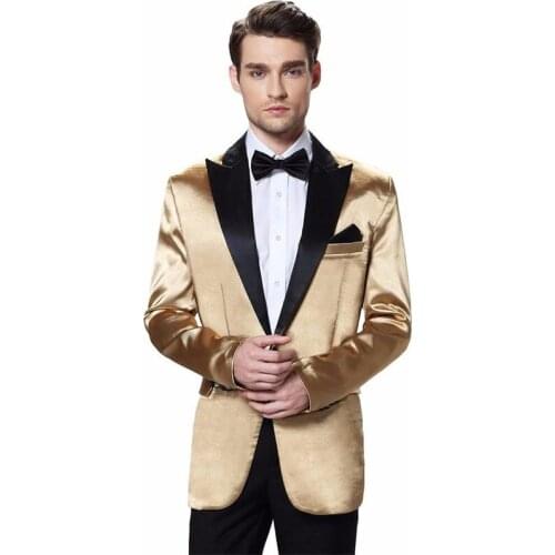 ANNIEBRITNEY Gold Satin Slim Fit Men Suit With Black Pants Custom 2 Piece Groom Wedding Tuxedo High End Prom Wedding Men Suit