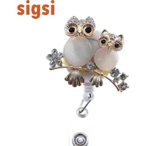 20pcs/lot Wholesale clear rhinestone customized owl animal retreatable ID badge holder reel nurse