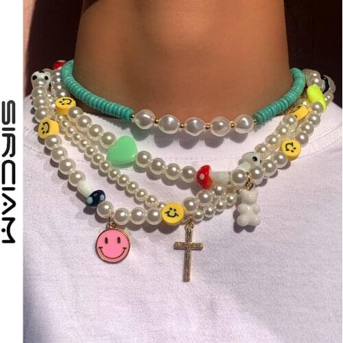 Boho Handmade Acrylic Rainbow Seed Beaded Necklace Jewelry Smiley Pearl Heart Choker Chain Beads Necklaces For women New Jewelry