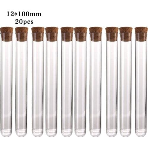 20Pcs 12x100mm Transparent Laboratory Plastic Test Tubes With Caps Stoppers School Lab Supplies Accessories