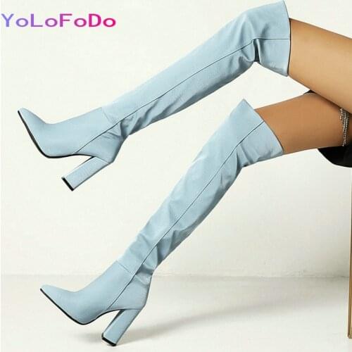 Plus Size 34-43 2021 Woman Over the Knee Boots Faux Leather Square High Heel Women Thigh Boots Fashion Pointed Toe Boots