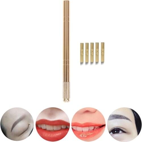 Manual Professional Eyebrow Tattoo Set Golden 3D Tattoo Pen + 5 Pcs 12 Pins Microblading Tattoos Needles Permanent Makeup