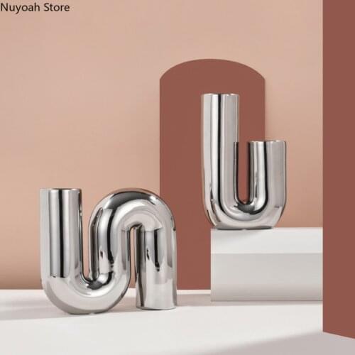 Nordic Silver Pipe Shape Vase Creative Hydroponic Dried Flower Flower Arrangement Accessories Countertop Vase Home Decoration