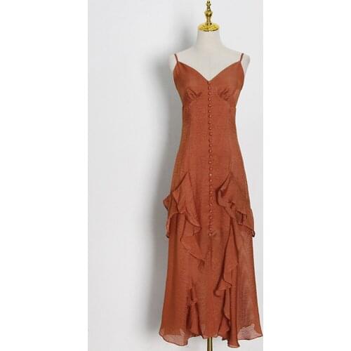 Sospebgy 2021 New Fashion Temperament Celebrity Sexy Sling V-neck Button Backless Slim Ruffled Long Dress