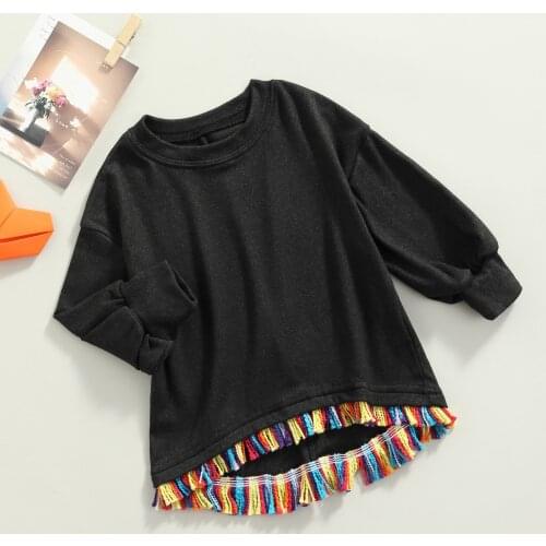 FOCUSNORM Toddler Baby Girls Causal Autumn Sweatshirt Tops Outfits 2-7Y Solid Long Sleeve Pullover Rainbow Tassel Outwear