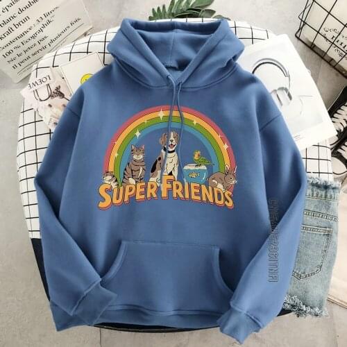 Kawaii Super Friends Womens Hoodies Printed Cat Dog Funny Hip Hop Fashion Sweatshirts Harajuku Vintage Hoodie Female Streetwear