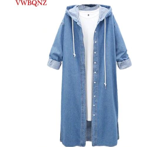 Spring New Womens Denim Long Coats 2020 Korea Loose Hooded Jeans Overcoat Casual Large size Denim Female Windbreaker Jacket 4XL