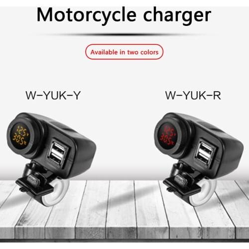 Waterproof Dual USB Charger Motorcycle Handlebar Clamp Power Adapter with 12V Digital Voltmeter Thermometer Accessories