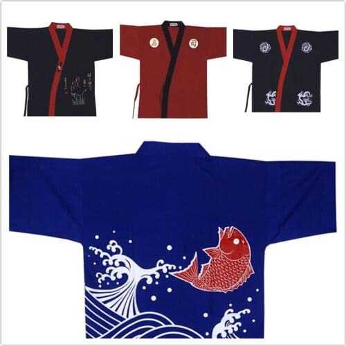 Japanese Women Men Restaurant Bar Clothes Chef/Cook Coat Jackets Uniform, Sushi/Sashimi/Salmon, Black Sushi Character, 3 Size