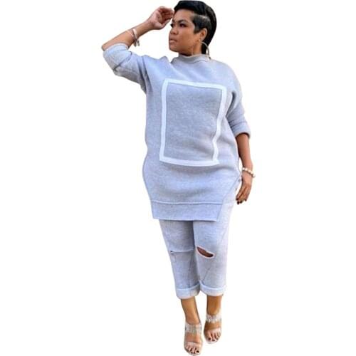 Womens Casual Plus Size Long Sleeve Stitching Burnt Sweatshirt Two Piece Outfits L284714