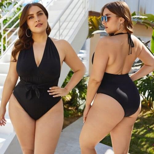 2020 new European and American Foreign Trade Large Triangle One Piece Jumpsuit Black Sexy Open Back Black Swimsuit Plus Size
