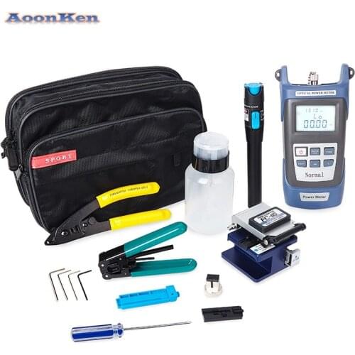 AoonKen 12pcs/set Fiber Optic FTTH Cold connection Tool Kit FC-6S Fiber Cleaver Optical Power Meter 5km Visual Fault Locator
