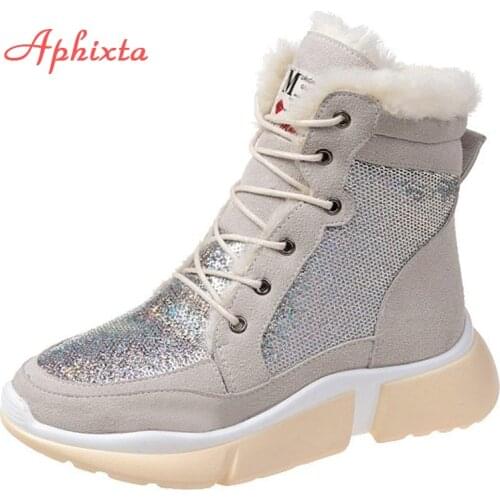 APHIXTA Plush Warm Snow Boots Women Platform Height Increasing Winter Bling Sequined Furry Shoes Chunky Sole Boots