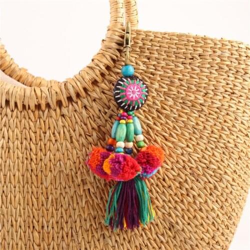 Boho Style Pompons Keychains With Colorful Tassel For Women Bag Hanging Wooden Beads Pendant Summer Jewelry