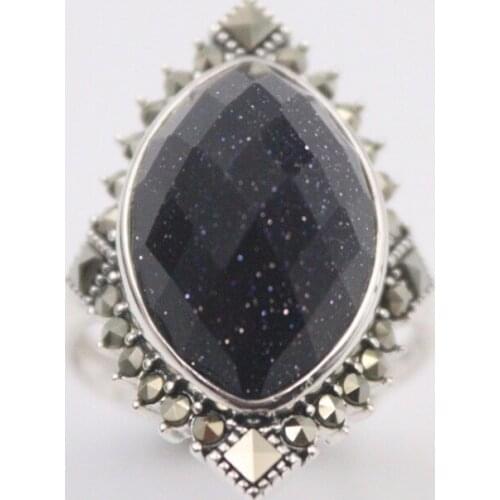 Pure 925 Sterling Silver Ring Width 18mm Marcasite Lace Purple Aventurine Bead Rhombus Ring For Woman US size 6-10