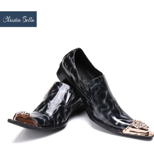 Christia Bella British Style Mens Metal Pointed Toe Dress Shoes Plus Size Elegant Genuine Leather Stone Pattern Business Oxfoes