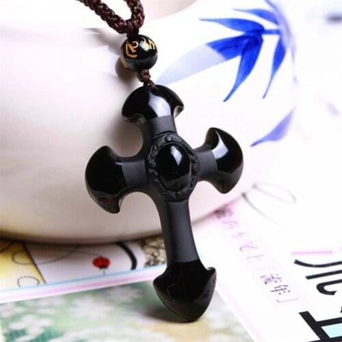 Natural Stone Obsidian Pendant 52*35mm Black A Carved Cross Fine Carving Handwork Mascot Amulet Lucky Cross Pendant Necklace