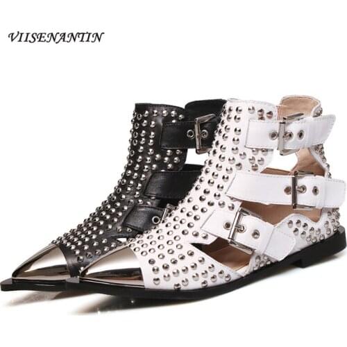 2021 Summer Genuine Leather Rivet Hollow Buckle Pointed Toe Short Boots New Personality Casual Non-slip Sandals