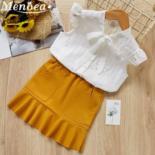 Menoea Girls Dress 2020 Summer Style Kids Solid-Color Bow Ruffles Clothes and Short Dress 2 PCS Girls Clothing Set Children