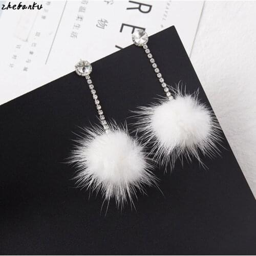 New Winter Fashion Jewelry Winter Earrings Cute Gift Rhinestones White Fur Ball Long Earrings For Women Jewelry Accessories