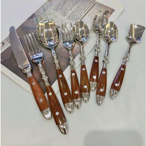 1Pcs Stainless Steel Western Tableware Set With Two Nails, Fork And Spoon Dinnerware Glossy Wooden Food Knife Teaspoon Cutleries
