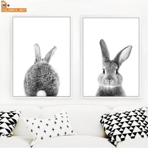 Wall Art Canvas Painting Cute Bunny Rabbit Black White Nordic Posters And Prints Wall Pictures For Living Room Kids Room Decor