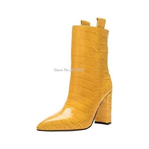 New Crocodile Print Chunky Heel Woman Short Boots Sexy Pointed Toe Leather Ankle Boots Lady Thick Heel Winter Boots Dropship