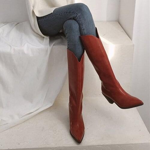 Autumn New Pointed Toe Knee High Boots Leather Thick Heel Knight Boots High Heels High Tube Botas Mujer Winter Shoes Women