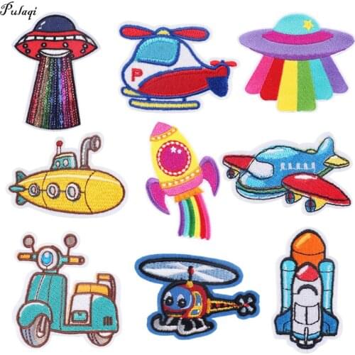 Pulaqi Cartoon Car Patch Embroidered Patches For Clothing UFO Iron On Patches Punk Badges Stripes Patches For Kids Clothing DIY