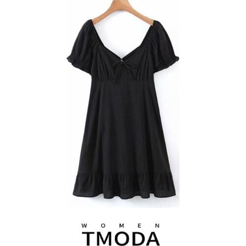 TMODA Kpop Puff Sleeve Sexy Low Collar Slim Black Dresses Woman Elegant Simple High Street Female Fashion Party Club Mini Dress