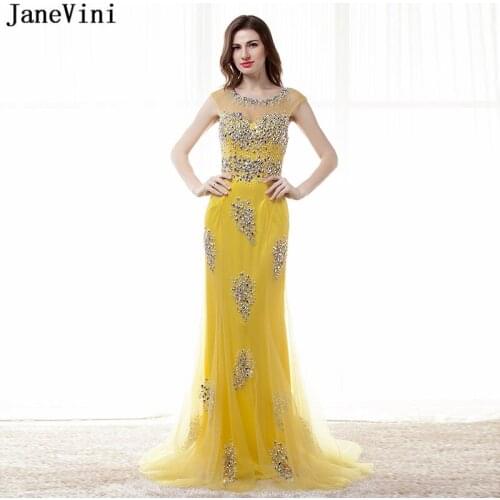 JaneVini Sexy Yellow Long Bridesmaid Dresses Sweep Train 2018 Scoop Neck Backless Luxury Beaded Crystal Tulle Mermaid Prom Gowns