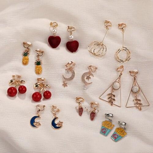 New Fashion Women Korean Geometric Pearl Geometric Long Clip on Earrings for Women Fashion Party No Pierced Earrings