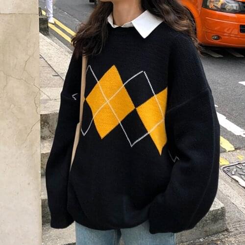 Women Long Sleeve O-Neck Sweater Argyle Plaid Pattern Oversized Knitwear Tops