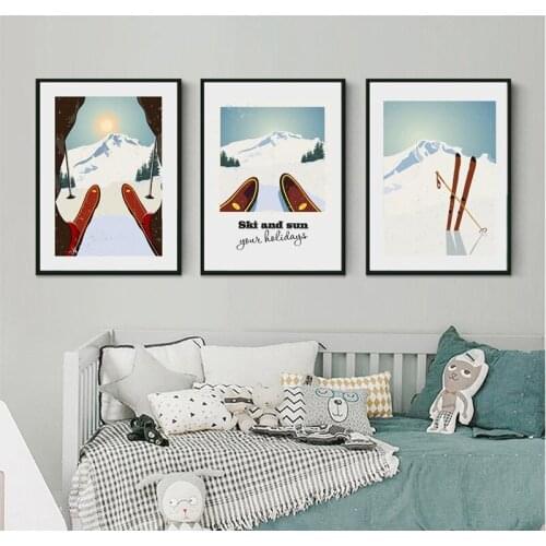 Vintage winter sports poster ski art poster canvas oil painting poster wall retro home decoration wall pictures for living room