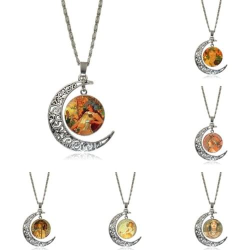 EJ Glaze Fashion Jewelry Vintage Glass Necklace With Crescent Moon For Women Girls Handmade Alphonse Muchas Savonnerie