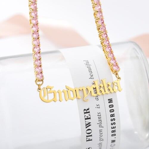 Women Girl Favorite Pink Zircon Chain Custom Name Necklace Jewelry Personalized Old English Nameplate Necklace Lover Gifts