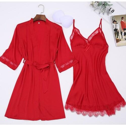 Ladies Elegant Silk Satin Robe Set Half Sleeve Bathrobe & Sexy Nightdress Lace Sleepwear Set Fashion Twinset For Women