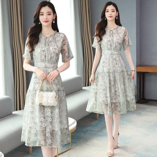 2021 Vintage Chic Print Chiffon Sweet Midi Dress Spring Summer Plus Size Solid Runway Dress Elegant Women Bodycon Party Vestidos