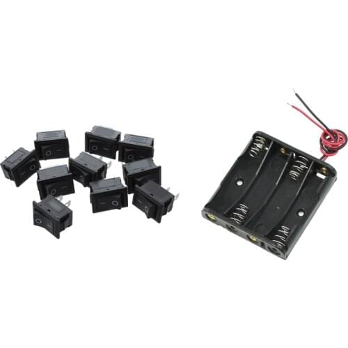 1 Pcs Black 4 X 1.5V AAA Battery Holder Storage Case Box with Wire Leads & 10 Pcs SPST Mini Black 2 Pin Rocker Switch