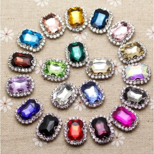 20pcs 10*14mm Mix Color Rectangle Sew On Rhinestone With Claw Setting Silver Back Crystal rhinestone Button With Holes
