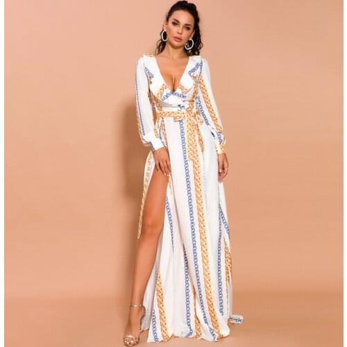 2020 New Fashion Long Sleeve Dress V Neck Ruffles Print Semi Formal Gowns with Sexy Slit Elegant Sash