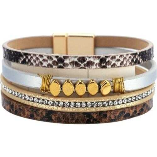 2021 New Bohemian Wide-brimmed Snake Pattern Multi-layer Magnetic Buckle Bracelet Leather Crystal Winding Bracelet Wholesale