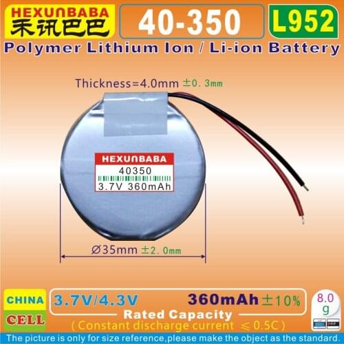 5pcs [L952] 3.7V 360mAh [40350] Round Polymer lithium ion / Li-ion battery for speaker,smart watch;mp3,mp4,GPS,DVR