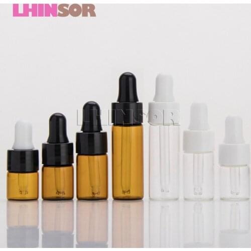 50pcs/lot 1/2/3/5ml Amber Transparent Glass Dropper Bottle Vials with Pipette for Cosmetic Perfume Doterra Essential Oil Bottles