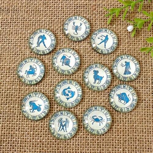 60pcs/lot Mixed Round Flatback 12 Constellations Photo Glass Cabochon 8mm--35mm Accessories Fit For DIY Jewerly