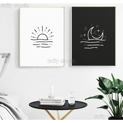 Sun & Moon Print Abstract Illustration Sunrise Posters and Prints Moon Stars Wall Art Canvas Painting Picture Bedroom Home Decor