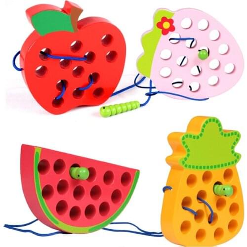 Worm Eat Fruit Threading Toys Wooden Maze Threading Kids Early Educational Wear Beads Toys for Children Color Cognitive Toys