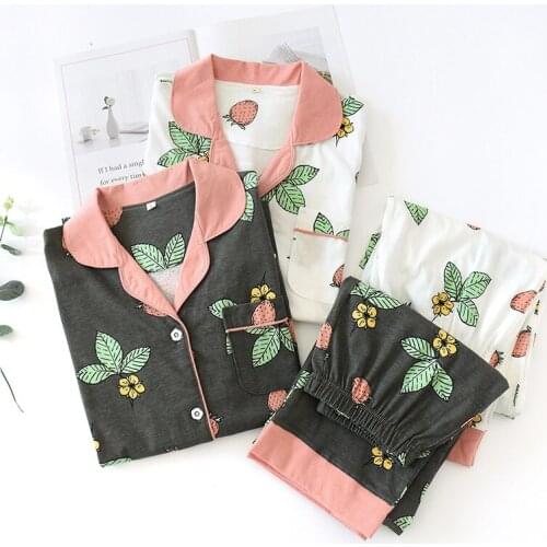 Fdfklak Ladies Pajamas Set Floral Printed Full Cotton Sleepwear Set Women Turn-Down Collar Female Casual Homewear Pijama