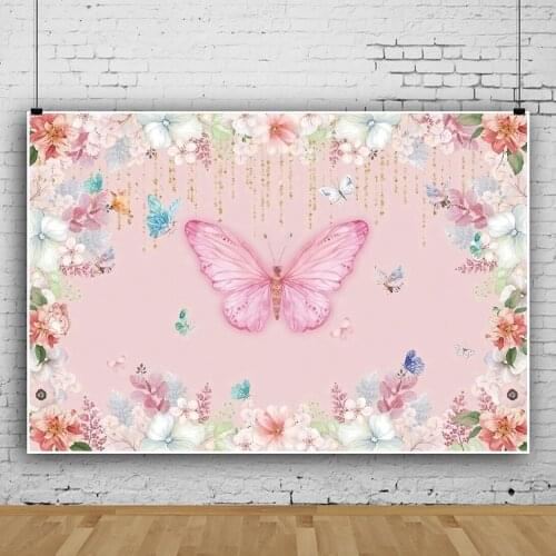 Laeacco Butterfly Photo Backdrops Beautiful Pink Flowers Baby Shower Birthday Portrait Customized Poster Photographic Background